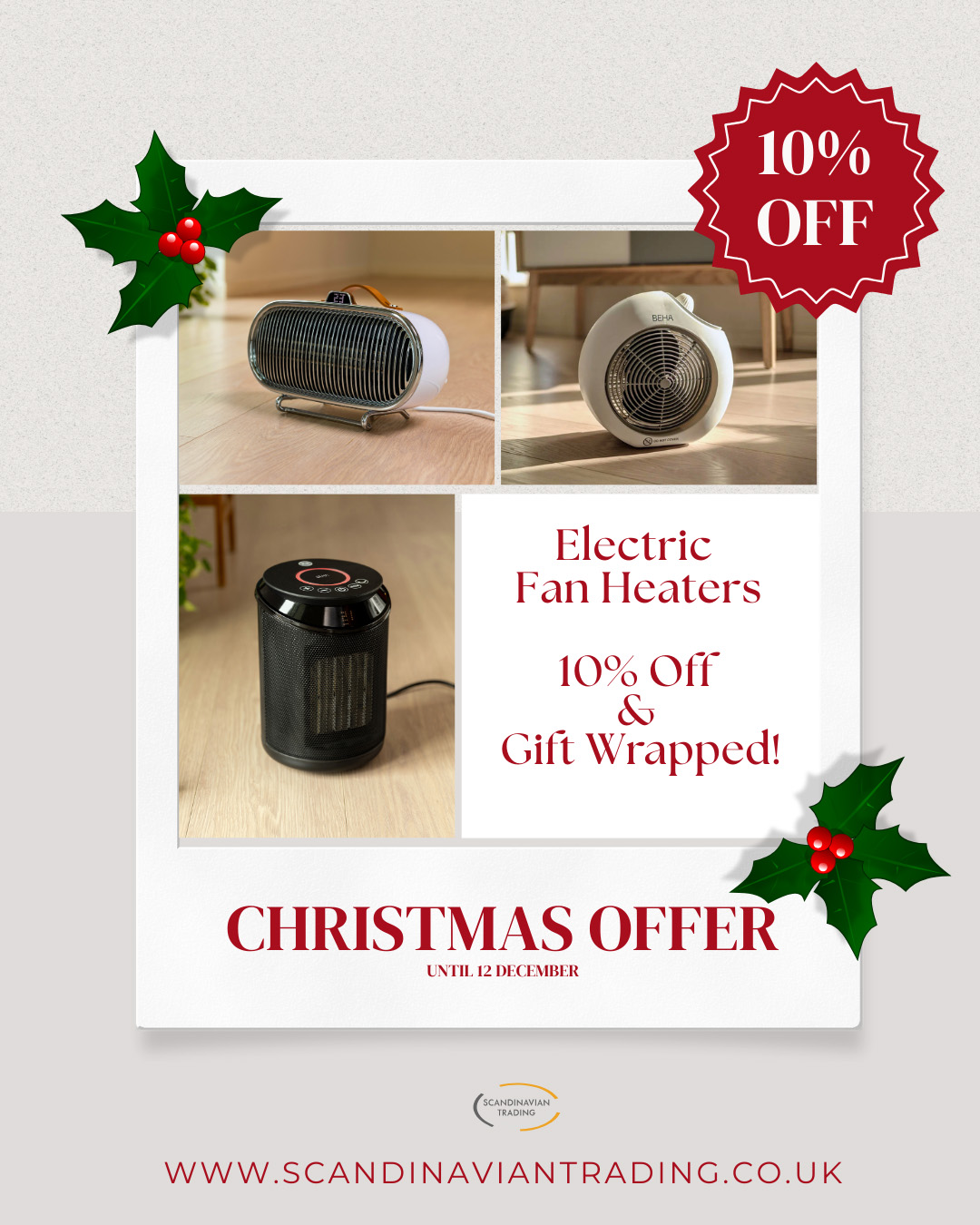 promotional poster for scandinavian trading offers 10% off electric fan heaters with gift wrapping, featuring images of three different heaters and christmas decorations.